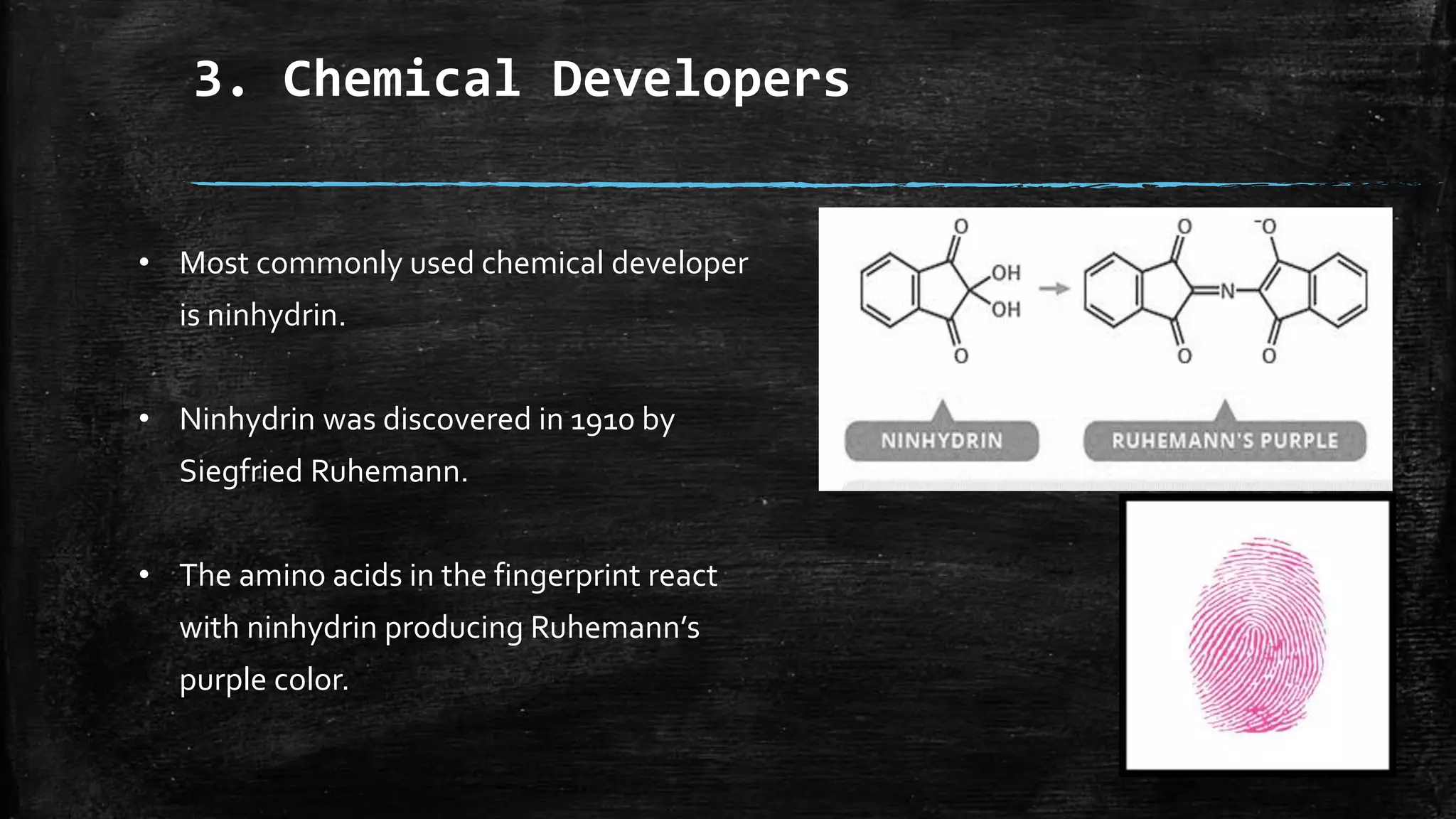 • Most commonly used chemical developer
is ninhydrin.
• Ninhydrin was discovered in 1910 by
Siegfried Ruhemann.
• The amino acids in the fingerprint react
with ninhydrin producing Ruhemann’s
purple color.
3. Chemical Developers
 