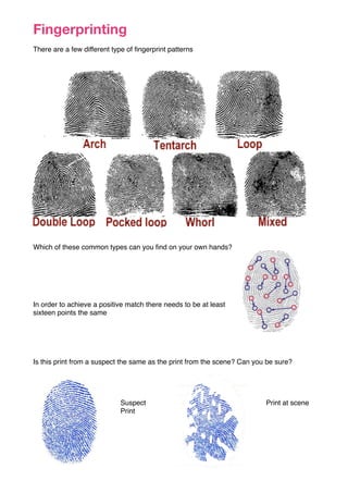 Fingerprinting
There are a few different type of ﬁngerprint patterns




Which of these common types can you ﬁnd on your own hands?




In order to achieve a positive match there needs to be at least
sixteen points the same




Is this print from a suspect the same as the print from the scene? Can you be sure?




                            Suspect                                       Print at scene
                            Print
 