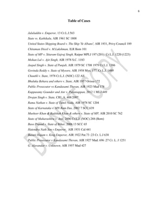 6
Table of Cases
Jalaluddin v. Emperor, 13 Cr.L.J.563
State vs. Kathikalu, AIR 1961 SC 1808
United States Shipping Board v. The Ship 'St Albans', AIR 1931, Privy Council 189
Chitaman Dissil v. M.Lakshman, ILR Bom 101
State of MP v. Sitaram Gajraj Singh, Raipur MPLJ 197 (201): Cr.L.J. 1220 (1223)
Mohan Lal v. Ajit Singh, AIR 1978 S.C. 1183
Jaspal Singh v. State of Punjab, AIR 1979 SC 1708 1979 Cr.L.J. 1386
Govinda Reddy v. State of Mysore, AIR 1958 Mys. 177, Cr.L.J. 1489
Chauthl v. State, 1978 Cr.L.J. (NOC) 122 All.
Bhaluka Behara and others v. State, AIR 1957 Orissa 172
Public Prosecutor vs Kandasami Thevan, AIR 1923 Mad 178
Kuppusamy Gounder and Anr v. Palaniappan, 2012 1 MLJ 449
Drojan Singh v. State, CRL.A. 408/2007
Rama Nathan v. State of Tamil Nadu, AIR 1978 SC 1204
State of Karnataka v. MN Ram Das, 2002 7 SCC 639
Musheer Khan & Badshah Khan & others v. State of MP, AIR 2010 SC 762
State of Maharashtra v. Anil, 2006 Cr.L.J. (NOC) 288 (Bom)
Baso Prasad v. State of Bihar, 2006 13 SCC 65
Hatendra Nath Sen v Emperor, AIR 1931 Cal 441
Bazari Hajam v. King Emperor, AIR 1922 Pat.73 :23 Cr. L.J 638
Public Prosecutor v Kandasami Thevan, AIR 1927 Mad. 696 :27 Cr. L. J 1251
G. Alavandar v. Unknown, AIR 1957 Mad 427
 