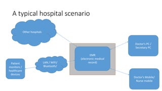A typical hospital scenario
EMR
(electronic medical
record)Patient
monitors /
healthcare
devices
LAN / WIFI/
Bluetooth/
Do...