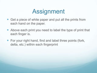 Assignment
 Get a piece of white paper and put all the prints from
each hand on the paper.
 Above each print you need to...