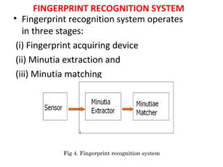 FINGERPRINT RECOGNITION SYSTEM
• Fingerprint recognition system operates
in three stages:
(i) Fingerprint acquiring device
(ii) Minutia extraction and
(iii) Minutia matching

Fig 4. Fingerprint recognition system

 