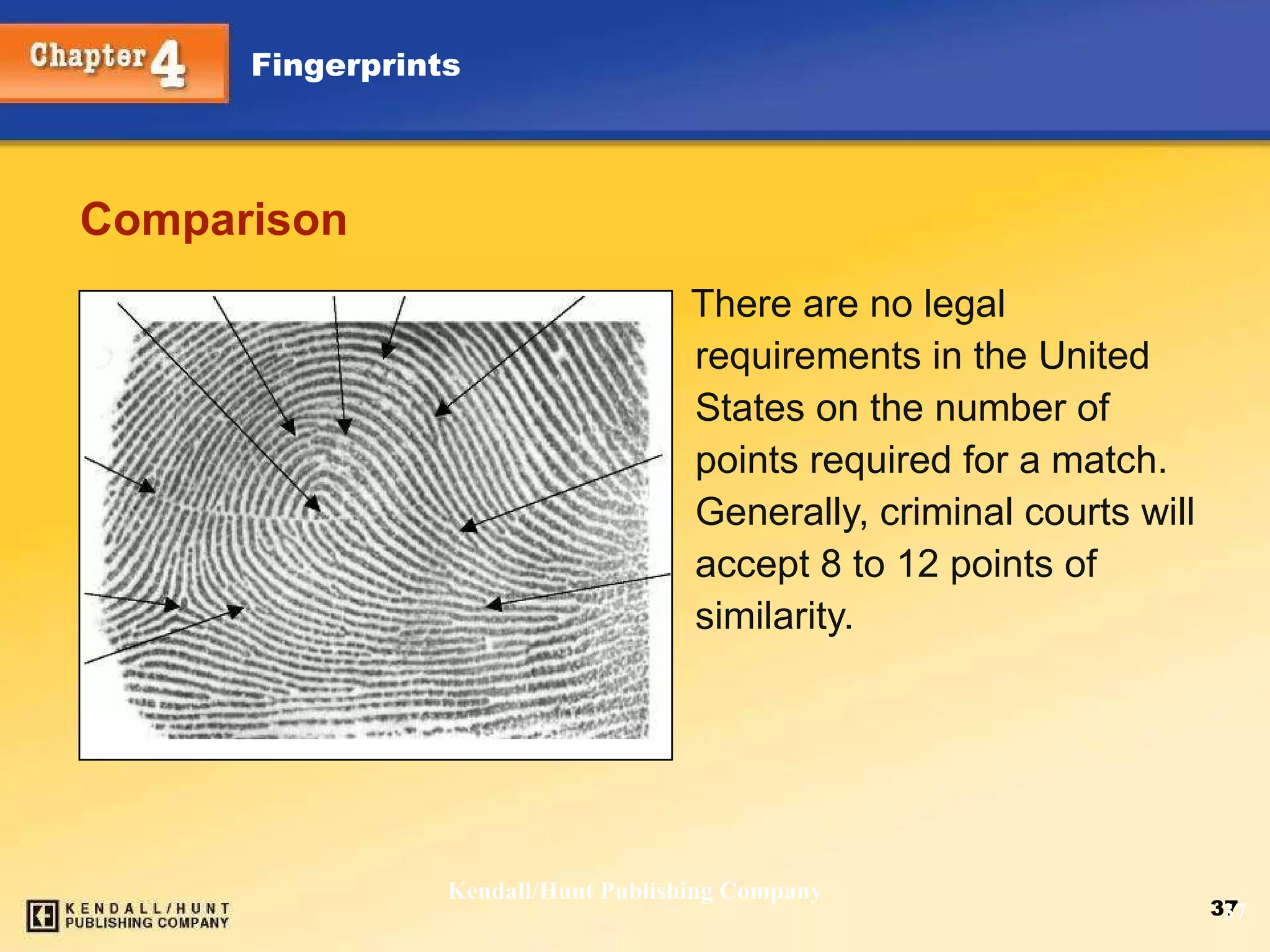 Comparison There are no legal requirements in the United States on the number of points required for a match. Generally, criminal courts will accept 8 to 12 points of similarity. Kendall/Hunt Publishing Company 