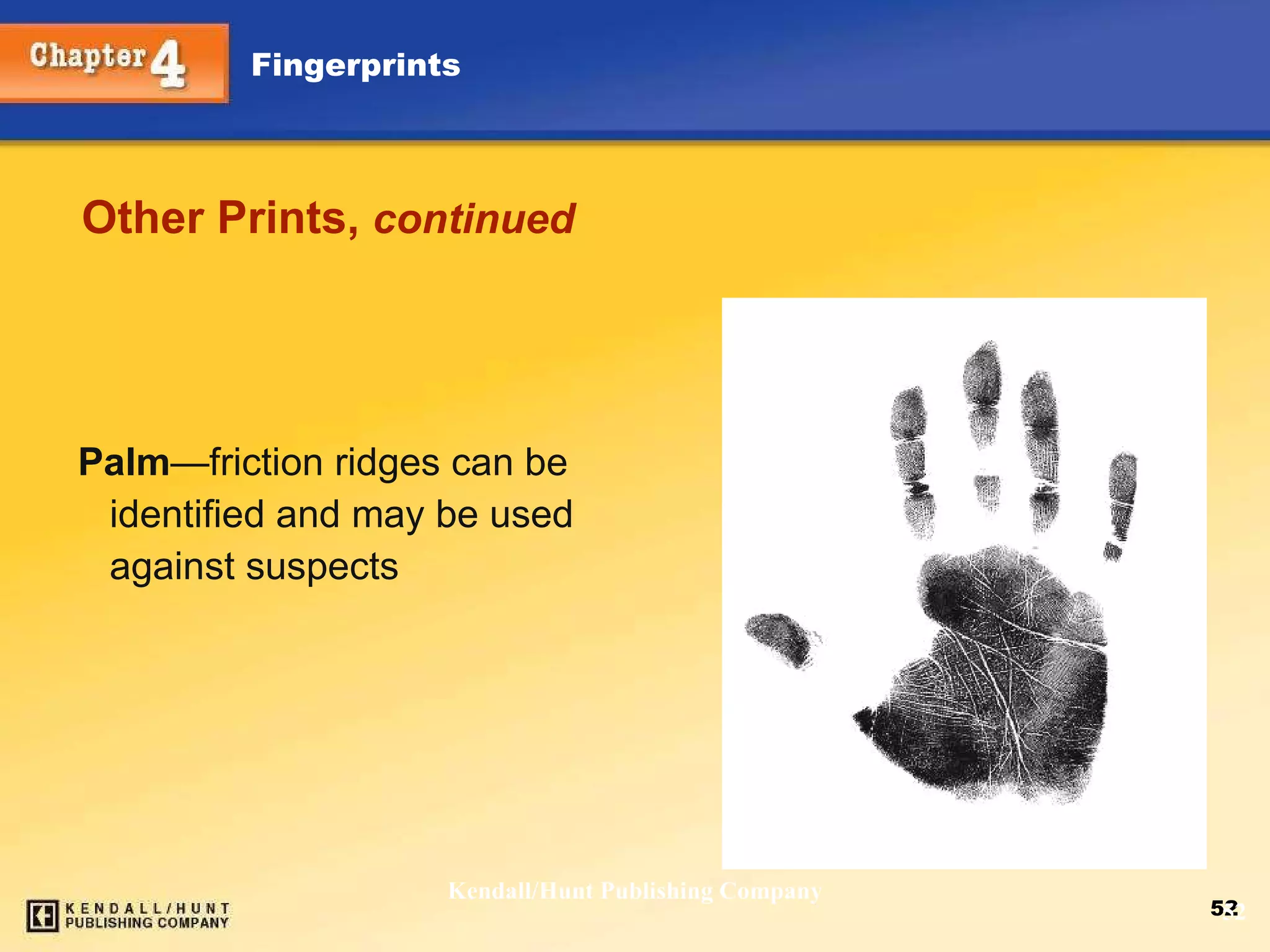 Other Prints,  continued Palm — friction ridges can be identified and may be used against suspects Kendall/Hunt Publishing Company 