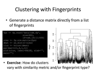 Clustering 
with 
Fingerprints 
• Generate 
a 
distance 
matrix 
directly 
from 
a 
list 
of 
fingerprints 
fps <- fp.read('data/cdk.fp', 
size=881, 
lf=cdk.lf)[1:500] 
sims <- fp.sim.matrix(fps) 
dmat <- as.dist(1-sims) 
clus <- hclust(dmat) 
par(mar=c(1,4,1,1)) 
plot(clus, label=FALSE, xlab='', 
main='’) 
0.0 0.2 0.4 0.6 0.8 
Height 
• Exercise: 
How 
do 
clusters 
vary 
with 
similarity 
metric 
and/or 
fingerprint 
type? 
 