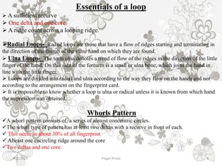 9/2/2015 Finger Prints 9
Essentials of a loop
 A sufficient recurve
 One delta and one core
 A ridge count across a looping ridge.
Radial Loops- Radial loops are those that have a flow of ridges starting and terminating in
the direction of the thumb of the same hand on which they are found.
 Ulna Loops- The term ulna denotes a trend of flow of the ridges in the direction of the little
finger of the hand. On this side of the forearm is a small or ulna bone, which joins the hand in
line with the little finger.
 Loops are divided into radial and ulna according to the way they flow on the hands and not
according to the arrangement on the fingerprint card.
 It is impossible to know whether a loop is ulna or radical unless it is known from which hand
the impression was obtained.
Whorls Pattern
A whorl pattern consists of a series of almost concentric circles.
The whorl type of pattern has at least two deltas with a recurve in front of each.
 This occur in about 30% of all fingerprint
 Alteast one encircling ridge around the core
Two deltas and one core.
 