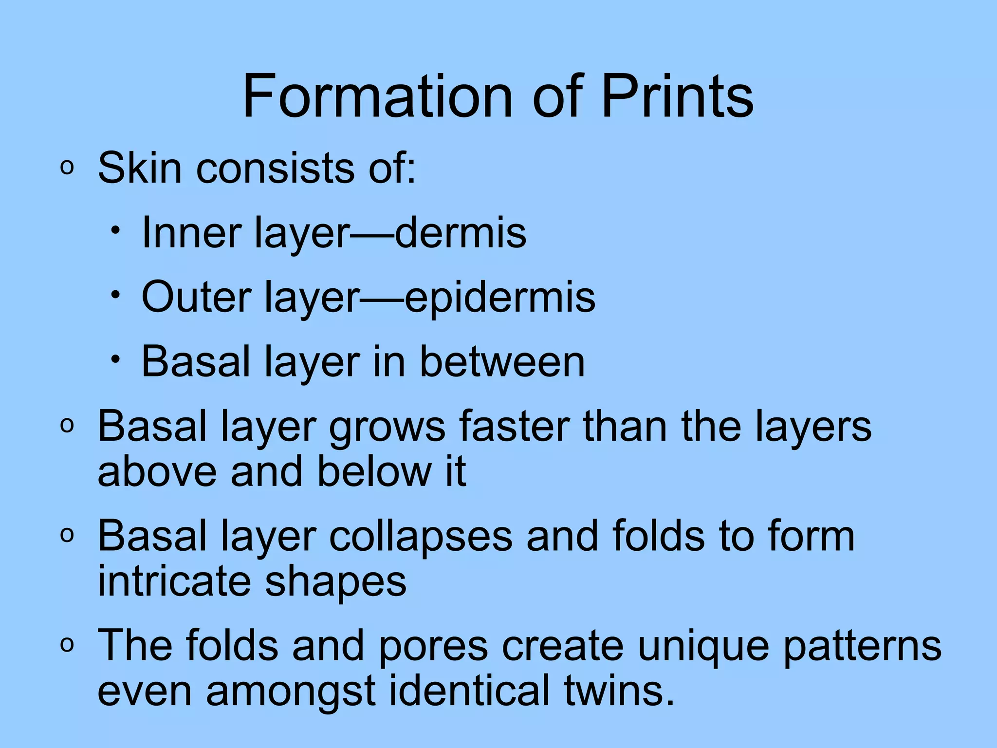 Formation of Prints
o Skin consists of:
• Inner layer—dermis
• Outer layer—epidermis
• Basal layer in between
o Basal layer grows faster than the layers
above and below it
o Basal layer collapses and folds to form
intricate shapes
o The folds and pores create unique patterns
even amongst identical twins.
 