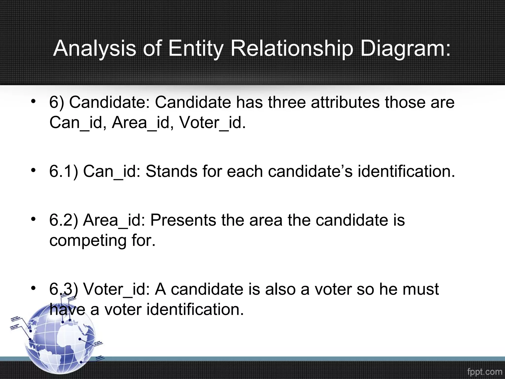Analysis of Entity Relationship Diagram:
• 6) Candidate: Candidate has three attributes those are
Can_id, Area_id, Voter_id.
• 6.1) Can_id: Stands for each candidate’s identification.
• 6.2) Area_id: Presents the area the candidate is
competing for.
• 6.3) Voter_id: A candidate is also a voter so he must
have a voter identification.
 