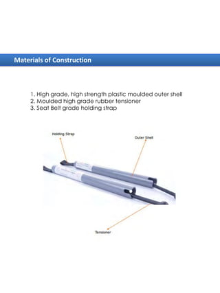 Materials of Construction

1. High grade, high strength plastic moulded outer shell
2. Moulded high grade rubber tensioner
3. Seat Belt grade holding strap

 