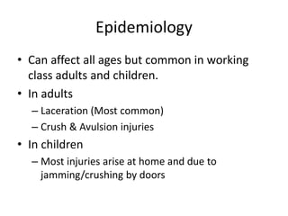 Epidemiology
• Can affect all ages but common in working
class adults and children.
• In adults
– Laceration (Most common)
– Crush & Avulsion injuries
• In children
– Most injuries arise at home and due to
jamming/crushing by doors
 