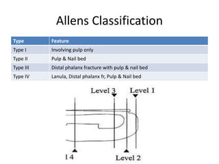 Allens Classification
Type Feature
Type I Involving pulp only
Type II Pulp & Nail bed
Type III Distal phalanx fracture with pulp & nail bed
Type IV Lanula, Distal phalanx fr, Pulp & Nail bed
 