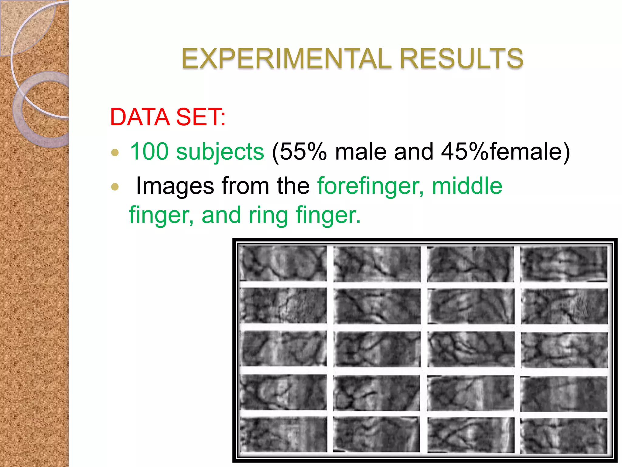 EXPERIMENTAL RESULTS
DATA SET:
 100 subjects (55% male and 45%female)
 Images from the forefinger, middle
finger, and ring finger.

 