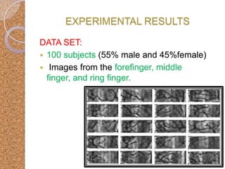 EXPERIMENTAL RESULTS
DATA SET:
 100 subjects (55% male and 45%female)
 Images from the forefinger, middle
finger, and ring finger.

 