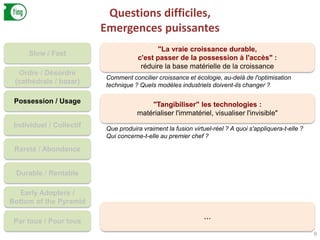 Questions difficiles,
Emergences puissantes
9
Slow / Fast
Ordre / Désordre
(cathédrale / bazar)
Possession / Usage
Individuel / Collectif
Rareté / Abondance
Durable / Rentable
Early Adopters /
Bottom of the Pyramid
Par tous / Pour tous
"La vraie croissance durable,
c'est passer de la possession à l'accès" :
réduire la base matérielle de la croissance
Comment concilier croissance et écologie, au-delà de l'optimisation
technique ? Quels modèles industriels doivent-ils changer ?
"Tangibiliser" les technologies :
matérialiser l'immatériel, visualiser l'invisible"
Que produira vraiment la fusion virtuel-réel ? A quoi s'appliquera-t-elle ?
Qui concerne-t-elle au premier chef ?
…
 