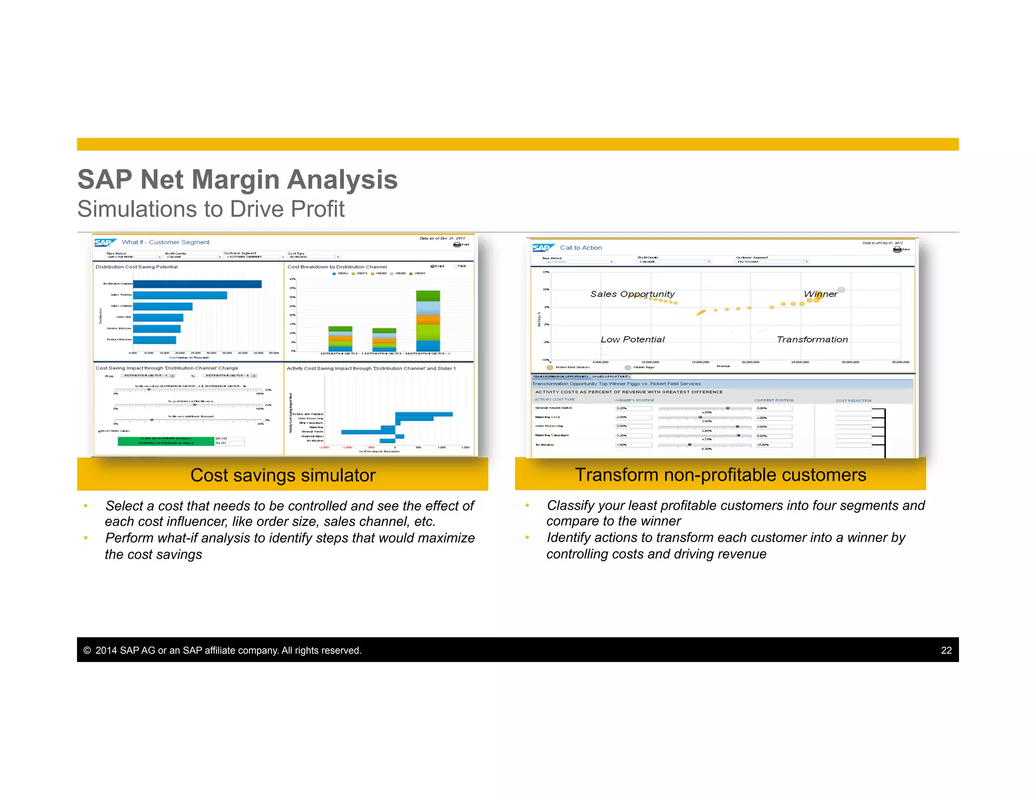 ©  2014 SAP AG or an SAP affiliate company. All rights reserved. 22
SAP Net Margin Analysis
Simulations to Drive Profit
•  Select a cost that needs to be controlled and see the effect of
each cost influencer, like order size, sales channel, etc.
•  Perform what-if analysis to identify steps that would maximize
the cost savings
Cost savings simulator Transform non-profitable customers
•  Classify your least profitable customers into four segments and
compare to the winner
•  Identify actions to transform each customer into a winner by
controlling costs and driving revenue
 