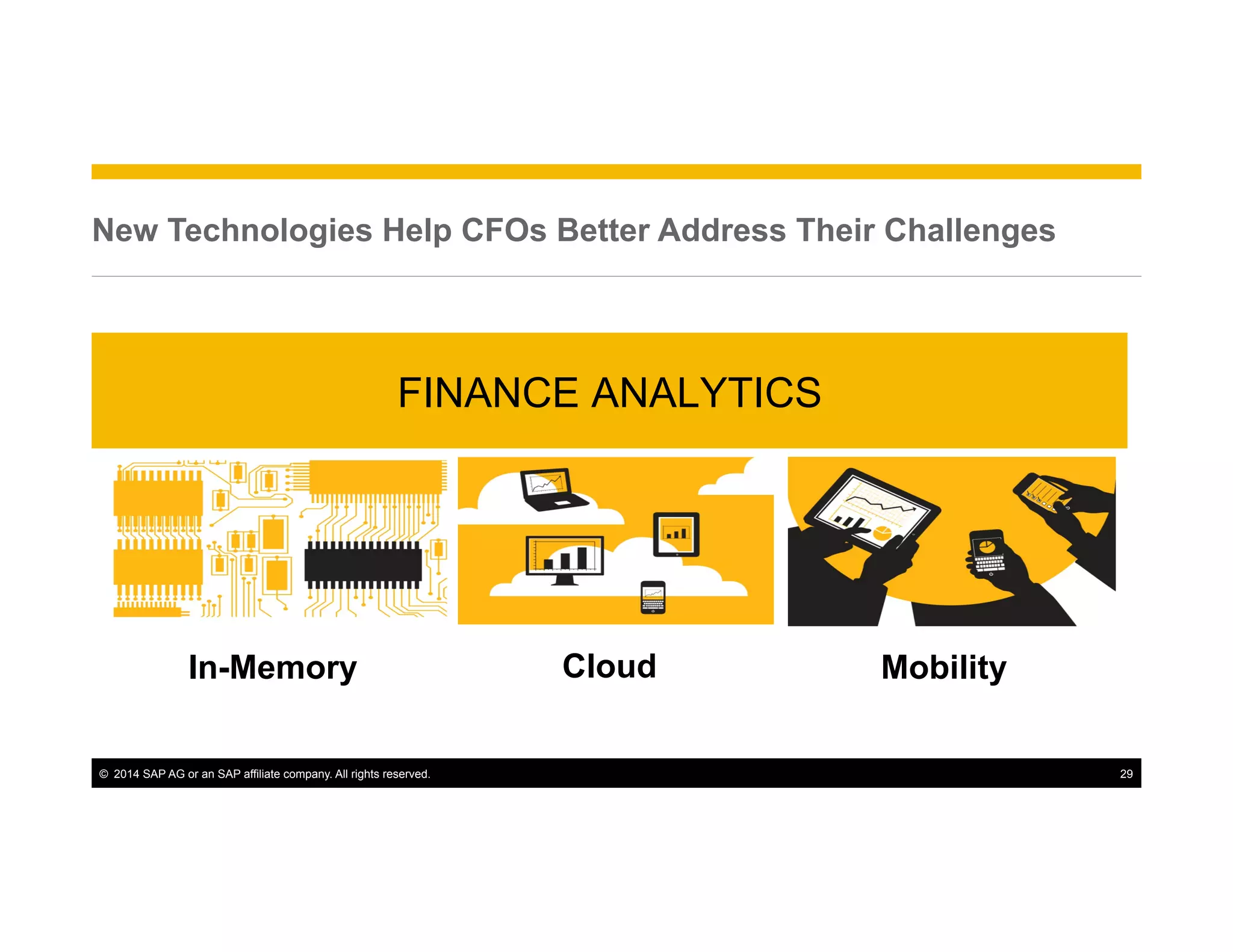 ©  2014 SAP AG or an SAP affiliate company. All rights reserved. 29
New Technologies Help CFOs Better Address Their Challenges
MobilityCloudIn-Memory
FINANCE ANALYTICS
 