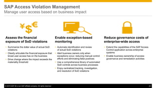 © 2015 SAP SE or an SAP affiliate company. All rights reserved. 23
SAP Access Violation Management
Manage user access based on business impact
Assess the financial
exposure of SoD violations
 Summarize the dollar value of actual SoD
violations
 Clearly articulate the financial exposure that
broad user access has on the business
 Drive change where the impact exceeds the
materiality threshold
Reduce governance costs of
enterprise-wide access
 Extend the capabilities of the SAP Access
Control application across enterprise
systems
 Enable business ownership of access
governance and remediation activities
Enable exception-based
monitoring
 Automate identification and review
of actual SoD violations
 Alert business owners only when
exceptions occur, reducing manual control
efforts and eliminating false positives
 Use a comprehensive library of automated
SoD controls across business processes
 Enjoy centralized tracking, investigation,
and resolution of SoD violations
 