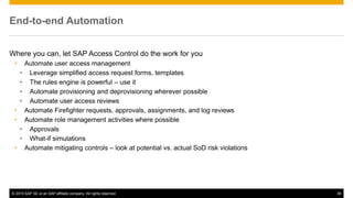 © 2015 SAP SE or an SAP affiliate company. All rights reserved. 39
End-to-end Automation
Where you can, let SAP Access Control do the work for you
• Automate user access management
• Leverage simplified access request forms, templates
• The rules engine is powerful – use it
• Automate provisioning and deprovisioning wherever possible
• Automate user access reviews
• Automate Firefighter requests, approvals, assignments, and log reviews
• Automate role management activities where possible
• Approvals
• What-if simulations
• Automate mitigating controls – look at potential vs. actual SoD risk violations
 