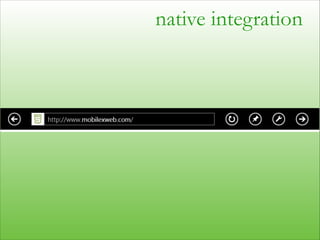 native integration
function tweet() {
location.href="twitter://post?message=HTML5";
setTimeout(function() {
location.href=...
