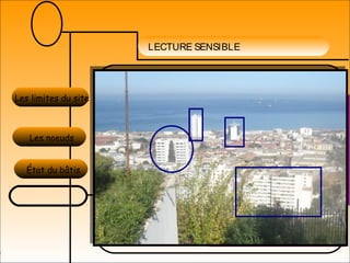 LECTURE SENSIBLE
Le bâtiment PERNOTLe bâtiment PERNOT
qui a 15 étages, se situequi a 15 étages, se situe
au coin deau coin de
l'intersection des deuxl'intersection des deux
rues celle desrues celle des
FUSILLERS avec la rueFUSILLERS avec la rue
HASSIBA BENHASSIBA BEN
BOUALI.BOUALI.
Le bâtimentLe bâtiment
polyfonctionnelpolyfonctionnel
(carrefour)revêtue en(carrefour)revêtue en
vitrage bleu et qui sevitrage bleu et qui se
situ juste en face dusitu juste en face du
PERNOTPERNOT dans la ruedans la rue
tripolitripoli
NOUVELLE COURNOUVELLE COUR
d'ALGER; qui sed'ALGER; qui se
situ à 50 mètres desitu à 50 mètres de
la station du métrola station du métro
sur la rue Fernansur la rue Fernan
HanafiHanafi
Le Ministère DeLe Ministère De
L'éducationL'éducation
Nationale: unNationale: un
bâtiment de 9 étagesbâtiment de 9 étages
qui se situ au coinqui se situ au coin
d'intersection de lad'intersection de la
rue Merbouche avecrue Merbouche avec
l'avenue Mahmoudl'avenue Mahmoud
BoudjaatitBoudjaatit
Les limites du site
Les noeuds
État du bâtis
 