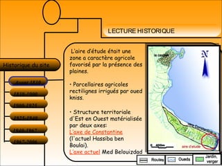 LECTURE HISTORIQUE
Avant 1830
Historique du site
1830-1900
1900-1925
1925-1940
1940-1967
1967-2006
L’aire d’étude était une
zone a caractère agricole
favorisé par la présence des
plaines.
• Parcellaires agricoles
rectilignes irrigués par oued
kniss.
• Structure territoriale
d'Est en Ouest matérialisée
par deux axes:
L‘axe de Constantine
(l'actuel Hassiba ben
Boulai).
L’axe actuel Med Belouizdad
 
