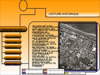 LECTURE HISTORIQUE
Avant 1830
Historique du site
1830-1900
1900-1925
1925-1940
1940-1967
1967-2006
•A cette périodes
vont apparaître des
problèmes de
circulation a cause
de la grande densité
et la position
stratégique de notre
air d’étude, et pour
résoudre ses
problèmes il a été
réalisé des
échangeurs et la
pénétrante des
Annassers.
•Réalisation du ministère
de l'éducation national.
• Réalisation de
l'immeuble de bureaux.
• Récupération
d'anciennes friches
industrielles
•Réalisation du palais de
justice 1995 (la nouvelle
cour d’ALGER).
•La station de métro ; et
le nouveau projet
prévue ;la station de
tramway.
 