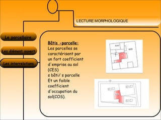 LECTURE MORPHOLOGIQUE
Le parcellaire
Les élément ouvert
Les interrelations
Bâtis -parcelle:
Les parcelles se
caractérisent par
un fort coefficient
d'emprise au sol
(CES)
s bâti/ s parcelle
Et un faible
coefficient
d'occupation du
sol(COS).
 