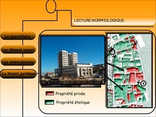 LECTURE MORPHOLOGIQUE
Le parcellaire
Les élément ouvert
Les interrelations
Le Statut juridique
La prédominance de la propriété
étatique avec la présence de
quelques propriétés privées
correspondant a des usines , des
hangars et des unités
industrielles disperses dans le
site .
Propriété privée
Propriété étatique
 