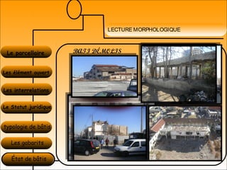 LECTURE MORPHOLOGIQUE
Le parcellaire
Les élément ouvert
Les interrelations
Le Statut juridique
typologie de bâtis
Les gabarits
État de bâtis
BATI EN
MAUVAIS ÉTAT
BATI DÉMOLIS
 