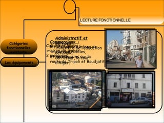 LECTURE FONCTIONNELLE
Les équipements
Administratif et
services :
ministère de l’éducation
nationale,
carrefour, la cour
d’Alger.
Commerciaux :
les rôtisseries le long de
la rue des fusilles,
et les magasins sur la
route de Tripoli et Boudjatit.
Culture et loisirs :
maison de jeunes,
2 mosquées.
Catégories
fonctionnelles
existante
 