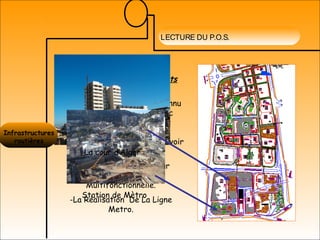 LECTURE DU P.O.S.
Les Actions d'Aménagements
engagées:
Notre fragment a déjà connu
un début de réalisation avec
l'implantation de plusieurs
programmes (cneru1983) a
travers tout le périmètre,a savoir
:
-La Réalisation De La Cour
D'Alger Et De La Tour
Multifonctionnelle.
-La Réalisation De La Ligne
Metro.
La cour d’Alger
Station de Mètro
Infrastructures
routières
 