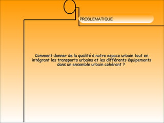 LECTURE DU P.O.S.PROBLEMATIQUE
Comment donner de la qualité à notre espace urbain tout enComment donner de la qualité à notre espace urbain tout en
intégrant les transports urbains et les différents équipementsintégrant les transports urbains et les différents équipements
dans un ensemble urbain cohérant ?dans un ensemble urbain cohérant ?
 