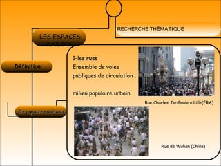 RECHERCHE THÉMATIQUE
Définition 
LES ESPACES
PUBLICS
les espaces minéraux:les espaces minéraux:
1-les rues1-les rues
Ensemble de voies
publiques de circulation .
milieu populaire urbain.
Rue Charles De Gaule a Lille(FRA)
Rue de Wuhan (Chine)
 