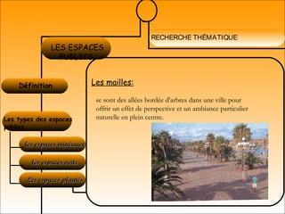 RECHERCHE THÉMATIQUE
Définition 
LES ESPACES
PUBLICS
Les types des espaces
publics
les espaces minérauxles espaces minéraux
Les espacesLes espaces plantésplantés
les espaces vertsles espaces verts
Les mailles:
se sont des allées bordée d'arbres dans une ville pour
offrir un effet de perspective et un ambiance particulier
naturelle en plein centre.
 