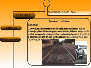 RECHERCHE THÉMATIQUE
Mobilité mécanique
LES ESPACES
PUBLICS
LA MOBILITÉ
URBAINE
Définition 
la voiturela voiture
L’arrivé de l’automobile et sa diffusion au grand publicL’arrivé de l’automobile et sa diffusion au grand public
sonna le glas des tramways; mais les problèmes engendréssonna le glas des tramways; mais les problèmes engendrés
par ce moyen de transport, ont amené les pouvoirs publicspar ce moyen de transport, ont amené les pouvoirs publics
à relancer et favoriser les transport en commun tels que:à relancer et favoriser les transport en commun tels que:
l’autobus, le métro, le RER et autresl’autobus, le métro, le RER et autres
Transport individuel
Le véloLe vélo
un moyen de transport efficace surtout dans
les grandes villes et qui se répond de plus en
plus a cause de absence des problème de
stationnement et des embouteillage
 