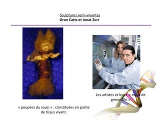 Oron Catts et Ionat Zurr : sont des artistes qui collaborent avec des scientifiques afin d’élaborer leurs œuvres. Ils se servent de la culture de tissu pour faire pousser des sculptures « semi-vivantes »Tout commence par un lapin vert fluo d’ Eduardo Kac, un artiste brésilien vivant aux États-Unis. Génétiquement croisé avec une méduse, il a la propriété d’avoir le bout des pattes, les oreilles et les yeux qui brillent si on l’éclaire à la lumière ultraviolette. Lapin transgénique fluorescent (2000), par Eduardo Kac (lien vidéo)‏