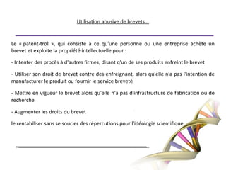 3°) Enjeux économiques.Concernant les enjeux de propriété intellectuelle il semble coexister différentes modalités tel que le brevet, le copyleft, le domaine public ou une législation propre.Jay Keasling s'est rendu compte des répercutions sociales du système des brevets. Il à découvert un moyen de produire de l'Artesemisinin, un puissant agent anti-malaria. Cette manipulation réduit le cout de production de l'artesemisinin à quelques centimes par dose, d'autant qu'il a offert le procédé gratuitement à ses collègues