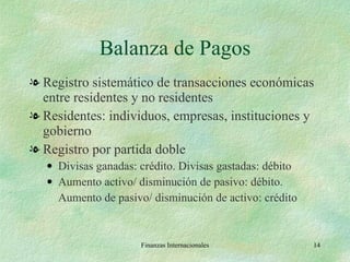 Balanza de Pagos Registro sistemático de transacciones económicas entre residentes y no residentes Residentes: individuos, empresas, instituciones y gobierno Registro por partida doble Divisas ganadas: crédito. Divisas gastadas: débito Aumento activo/ disminución de pasivo: débito.  Aumento de pasivo/ disminución de activo: crédito Finanzas Internacionales 