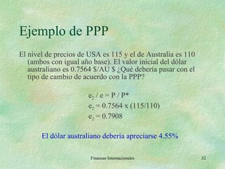 Ejemplo de PPP El nivel de precios de USA es 115 y el de Australia es 110 (ambos con igual año base). El valor inicial del dólar australiano es 0.7564 $/AU $ ¿Qué debería pasar con el tipo de cambio de acuerdo con la PPP?   e 2  / e = P / P*   e 2  = 0.7564 x (115/110)   e 2  = 0.7908 El dólar australiano debería apreciarse 4.55% Finanzas Internacionales 