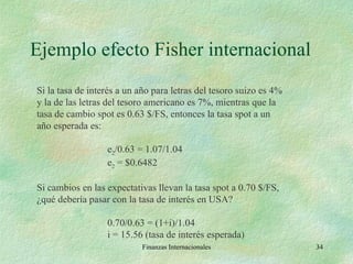Ejemplo efecto Fisher internacional Finanzas Internacionales Si la tasa de interés a un año para letras del tesoro suizo es 4% y la de las letras del tesoro americano es 7%, mientras que la tasa de cambio spot es 0.63 $/FS, entonces la tasa spot a un año esperada es: e 2 /0.63 = 1.07/1.04 e 2  = $0.6482 Si cambios en las expectativas llevan la tasa spot a 0.70 $/FS, ¿qué debería pasar con la tasa de interés en USA? 0.70/0.63 = (1+i)/1.04 i = 15.56 (tasa de interés esperada) 