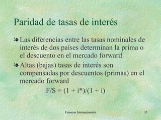 Paridad de tasas de interés Las diferencias entre las tasas nominales de interés de dos países determinan la prima o el descuento en el mercado forward Altas (bajas) tasas de interés son compensadas por descuentos (primas) en el mercado forward F/S = (1 + i*)/(1 + i) Finanzas Internacionales 