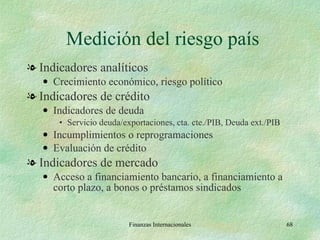 Medición del riesgo país Indicadores analíticos Crecimiento económico, riesgo político Indicadores de crédito Indicadores de deuda Servicio deuda/exportaciones, cta. cte./PIB, Deuda ext./PIB Incumplimientos o reprogramaciones Evaluación de crédito Indicadores de mercado Acceso a financiamiento bancario, a financiamiento a corto plazo, a bonos o préstamos sindicados Finanzas Internacionales 