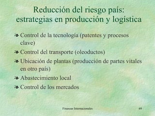 Reducción del riesgo país: estrategias en producción y logística Control de la tecnología (patentes y procesos clave) Control del transporte (oleoductos) Ubicación de plantas (producción de partes vitales en otro país) Abastecimiento local Control de los mercados Finanzas Internacionales 
