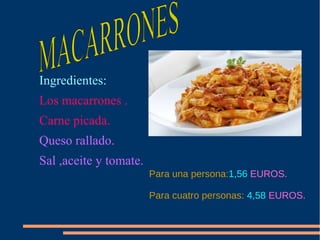 Ingredientes:
Los macarrones .
Carne picada.
Queso rallado.
Sal ,aceite y tomate.
Para una persona:1,56 EUROS.
Para cuatro personas: 4,58 EUROS.
 