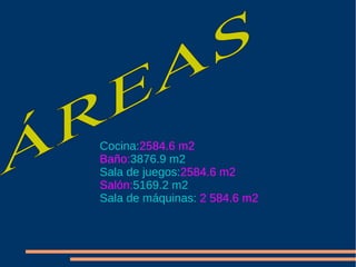 Cocina:2584.6 m2
Baño:3876.9 m2
Sala de juegos:2584.6 m2
Salón:5169.2 m2
Sala de máquinas: 2 584.6 m2
 