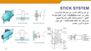 36
STICK SYSTEM
‫و‬ ‫الستائريه‬ ‫الحوائط‬ ‫من‬ ‫انتشارا‬ ‫األكثر‬ ‫النوع‬ ‫هو‬
‫أعمده‬ ‫من‬ ‫يتكون‬
mullions
‫مفتوحة‬ ‫أفقيه‬ ‫أجزاء‬ ‫و‬
‫تجميع‬ ‫كوسيلة‬ ‫القص‬ ‫بلوكات‬ ‫تستخدم‬ ، ‫الظهر‬
‫بحور‬ ‫على‬ ، ‫بقطعه‬ ‫قطعه‬ ‫النظام‬ ‫هذا‬ ‫تركيب‬ ‫يتم‬
‫متعدده‬ ‫ألدوار‬ ‫متساويه‬
.
 