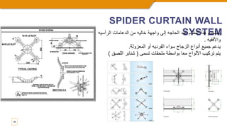 38
SPIDER CURTAIN WALL
SYSTEM
‫الرأسي‬ ‫الدعامات‬ ‫من‬ ‫خاليه‬ ‫واجهة‬ ‫إلى‬ ‫الحاجه‬ ‫عند‬ ‫النظام‬ ‫هذا‬ ‫يستخدم‬
‫ه‬
‫واألفقيه‬
.
‫المعزولة‬ ‫أو‬ ‫الفرديه‬ ‫سواء‬ ‫الزجاج‬ ‫أنواع‬ ‫جميع‬ ‫يدعم‬
.
‫تسمى‬ ‫ملحقات‬ ‫بواسطة‬ ‫معا‬ ‫األلواح‬ ‫تركيب‬ ‫يتم‬
(
‫اللص‬ ‫شنابر‬
‫ق‬
)
 