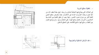 40
-
‫الدروة‬ ‫سطح‬ ‫تغطية‬
‫فى‬
‫الحاالت‬
‫التى‬
‫يحتاج‬
‫فيها‬
‫الحائط‬
‫الستائرى‬
‫ان‬
‫يمتد‬
‫فوق‬
‫خط‬
‫الس‬
‫قف‬
‫البد‬
‫من‬
‫أخذ‬
‫فرق‬
‫درجات‬
‫الحـــرارة‬
‫الزائد‬
‫فى‬
‫اإلعتبـــار‬
‫حيث‬
‫يتعرض‬
‫سطح‬
‫المب‬
‫نى‬
‫لكمية‬
‫أكبر‬
‫من‬
‫حرارة‬
‫ضوء‬
‫الشمس‬
‫ولهذا‬
‫يجب‬
‫أن‬
‫تغلق‬
‫الفتحة‬
‫بين‬
‫الح‬
‫ائــــط‬
‫الستائري‬
‫و‬
‫الدروة‬
‫و‬
‫تتصل‬
‫بمانع‬
‫الهواء‬
‫على‬
‫السطـــــــــح‬
،
‫وأن‬
‫يوضع‬
‫ا‬
‫لعزل‬
‫بين‬
‫الغطاء‬
‫و‬
‫مانع‬
‫الهواء‬
‫لمنع‬
‫التكثـــف‬
‫على‬
‫السطح‬
‫الداخلى‬
.
-
‫والخارجية‬ ‫الداخلية‬ ‫األركان‬ ‫عند‬
 