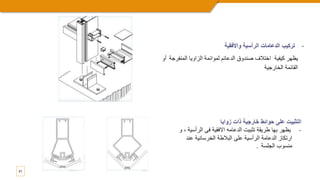 41
-
‫واألفقية‬ ‫الرأسية‬ ‫الدعامات‬ ‫تركيب‬
‫المنفرجة‬ ‫الزاويا‬ ‫لموائمة‬ ‫الدعائم‬ ‫صندوق‬ ‫اختالف‬ ‫كيفية‬ ‫يظهر‬
‫أو‬
‫الخارجية‬ ‫القائمة‬
‫زوايا‬ ‫ذات‬ ‫خارجية‬ ‫حوائط‬ ‫على‬ ‫التثبيت‬
-
‫الرأس‬ ‫فى‬ ‫االفقية‬ ‫الدعامه‬ ‫تثبيت‬ ‫طريقة‬ ‫بها‬ ‫يظهر‬
‫و‬ ، ‫ية‬
‫عند‬ ‫الخرسانية‬ ‫البالطة‬ ‫على‬ ‫الرأسية‬ ‫الدعامة‬ ‫ارتكاز‬
‫الجلسة‬ ‫منسوب‬
.
 