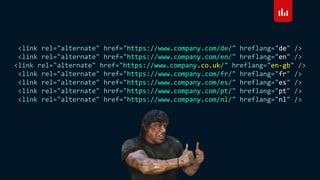 <link rel="alternate" href="https://www.company.com/de/" hreflang="de" />
<link rel="alternate" href="https://www.company.com/en/" hreflang="en" />
<link rel="alternate" href="https://www.company.co.uk/" hreflang="en-gb" />
<link rel="alternate" href="https://www.company.com/fr/" hreflang="fr" />
<link rel="alternate" href="https://www.company.com/es/" hreflang="es" />
<link rel="alternate" href="https://www.company.com/pt/" hreflang="pt" />
<link rel="alternate" href="https://www.company.com/nl/" hreflang="nl" />
 